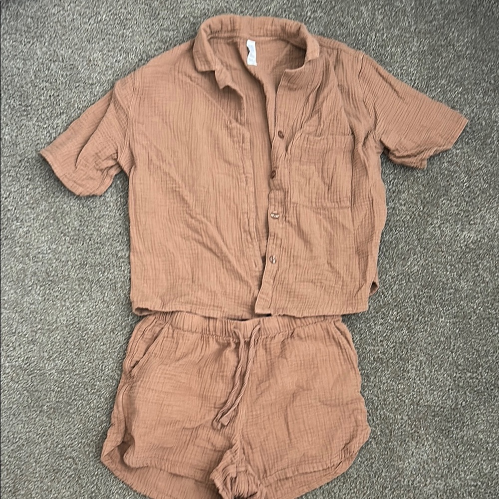Brown Button-Up Shirt and Shorts Set